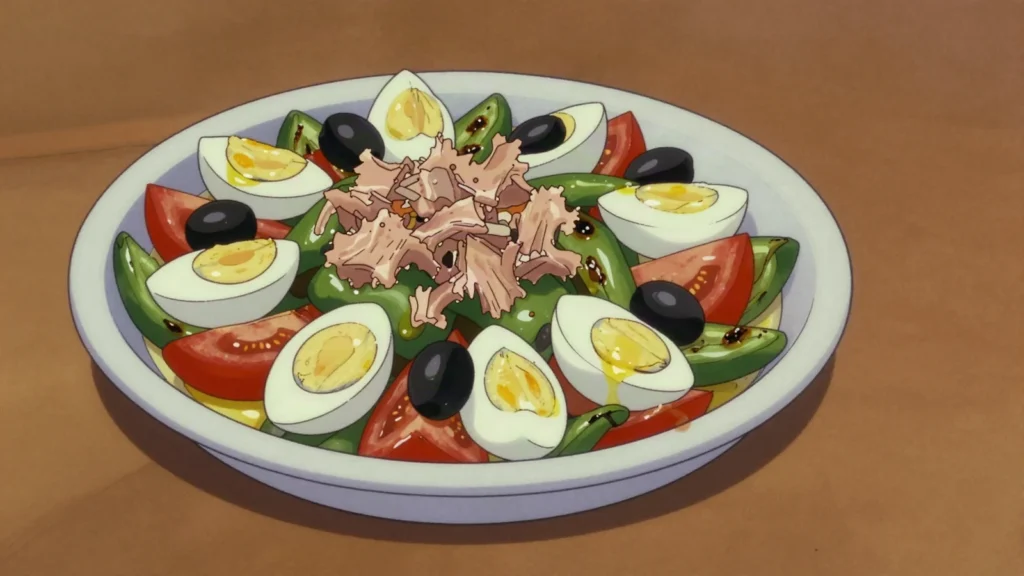 Slata mechouia, smoky grilled pepper and tomato salad with tuna, egg and olive oil, Tunisia salad & side, anime style
