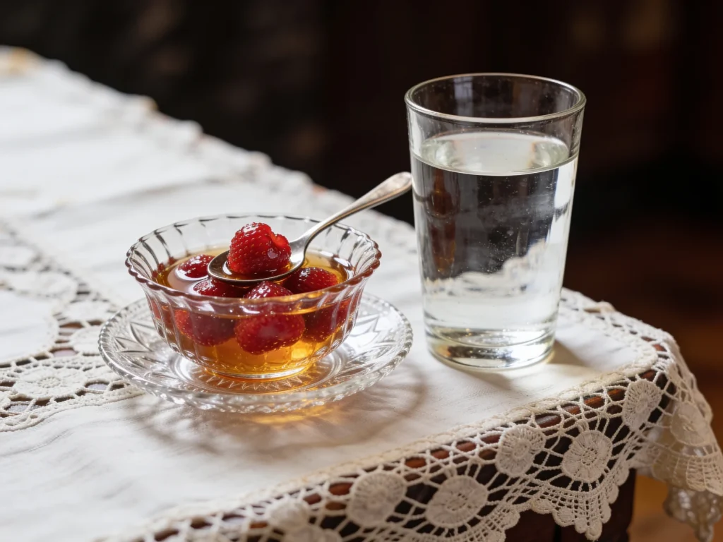 Slatko, whole fruit in thick syrup, a spoonful offered with water to guests, Serbia dessert, anime style