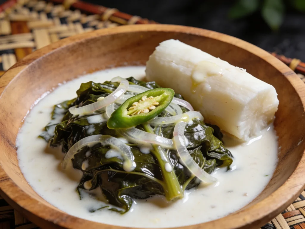Slippery Kabis, island cabbage cooked in coconut milk, the everyday green, Solomon Islands salad & side, anime style
