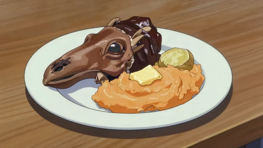 Smalahove, salted, smoked sheep's head steamed and eaten whole, ear and eye included, Norway main, anime style