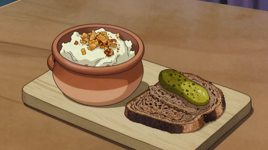 Smalec, seasoned lard with crackling spread on bread, with pickle, Poland sauce & condiment, anime style