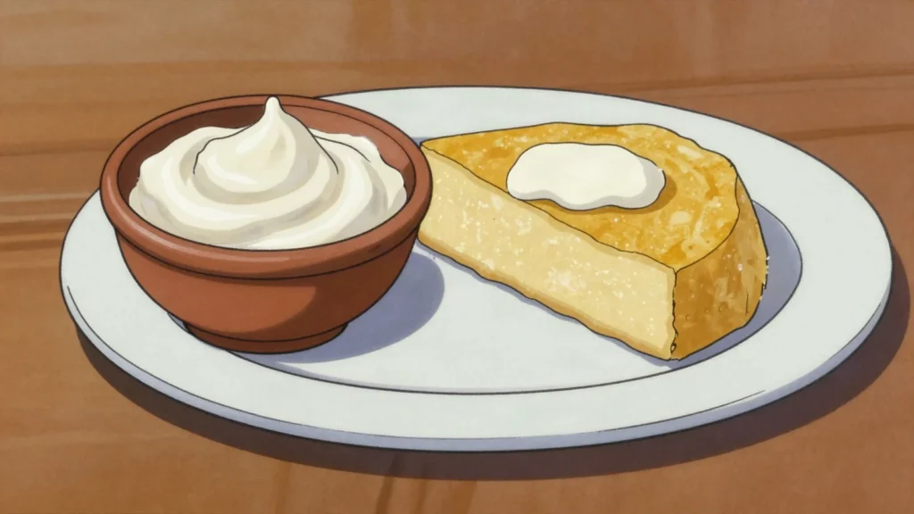 Smântână, thick sour cream spooned onto mămăligă, soups and plăcinte, Moldova cheese & dairy, anime style