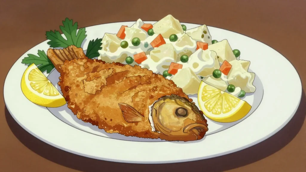 Smažený kapr, breaded fried carp served with potato salad on Christmas Eve, Czechia main, anime style