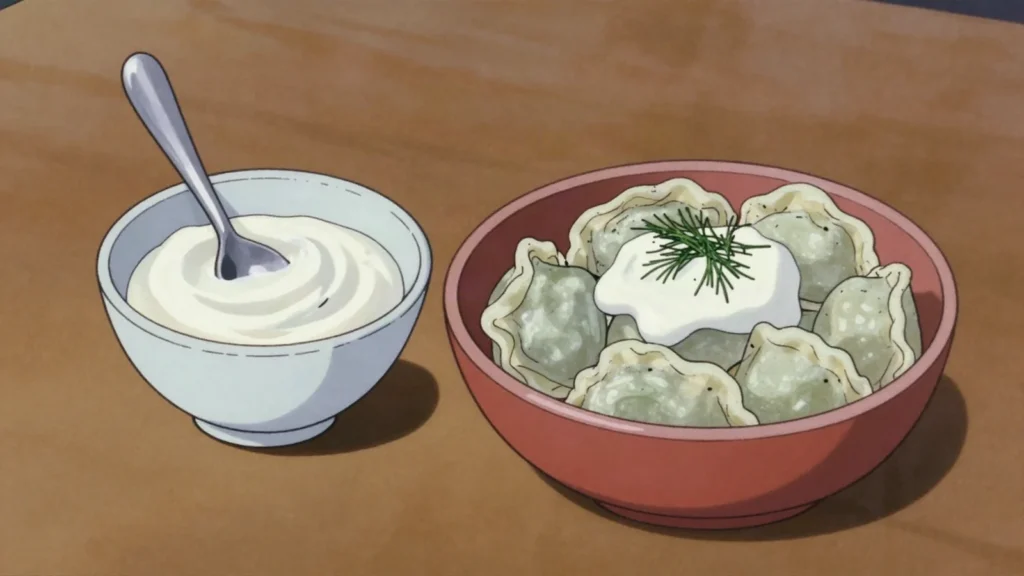 Smetana, thick sour cream stirred into soups and spooned over everything, Russia cheese & dairy, anime style