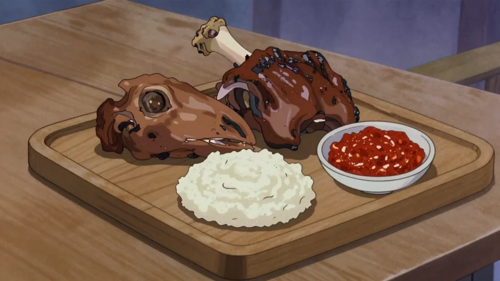 Smiley, sheep's head singed, boiled and eaten whole from a township braai stand, South Africa street food, anime style