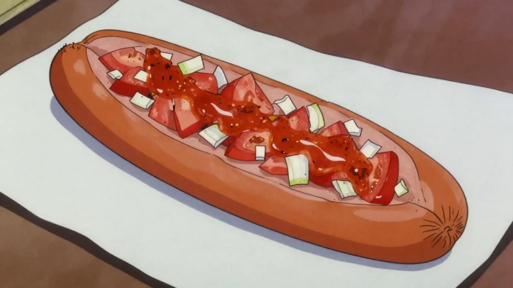 Smokie pasua, boiled sausage split lengthways and stuffed with kachumbari and chilli, Kenya street food, anime style