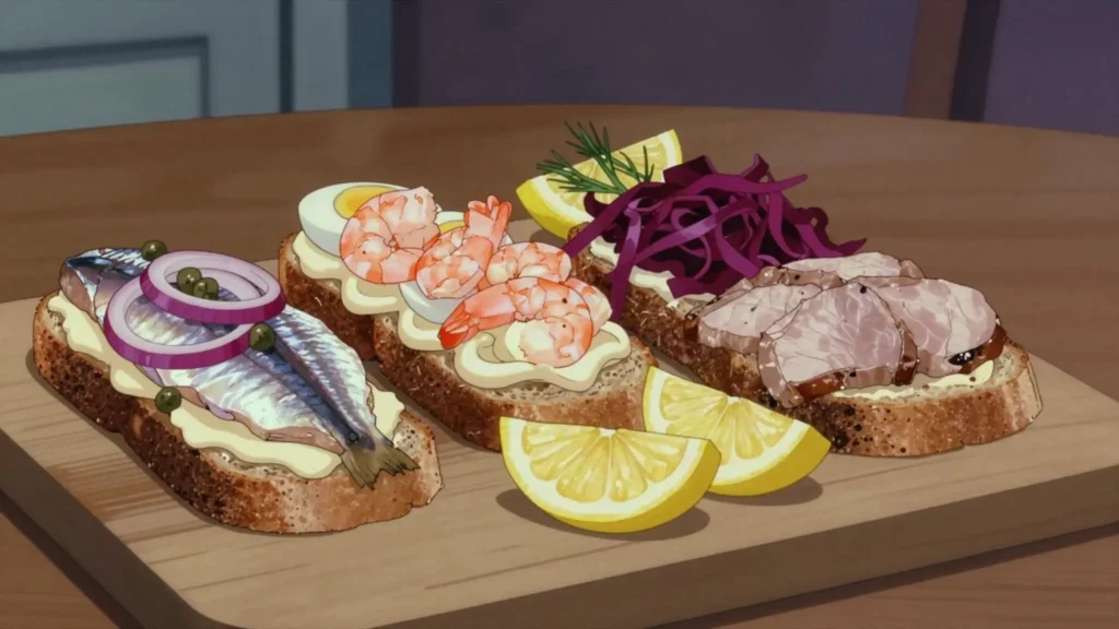 Smørrebrød, open rye sandwiches topped with herring, egg-shrimp, or roast pork, Denmark main, anime style