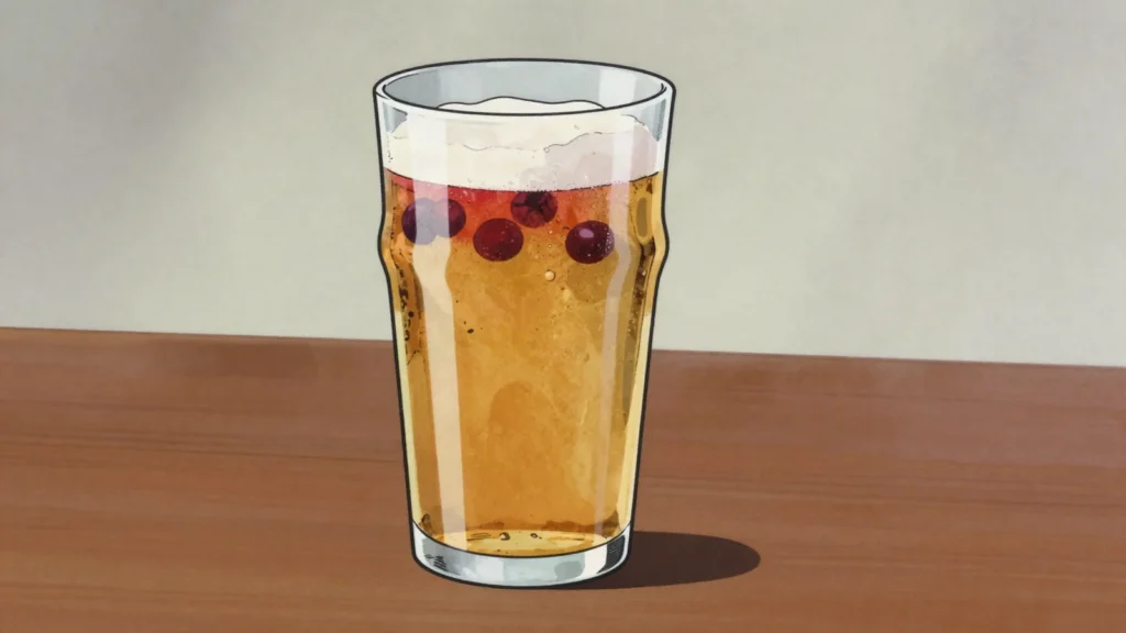 Snakebite, half lager and half cider, often reddened with blackcurrant cordial, United Kingdom cocktail, anime style