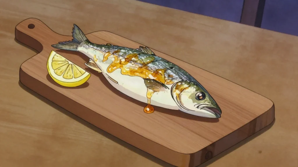 Snoek braai, west Coast snoek fish grilled with apricot jam basting, South Africa main, anime style
