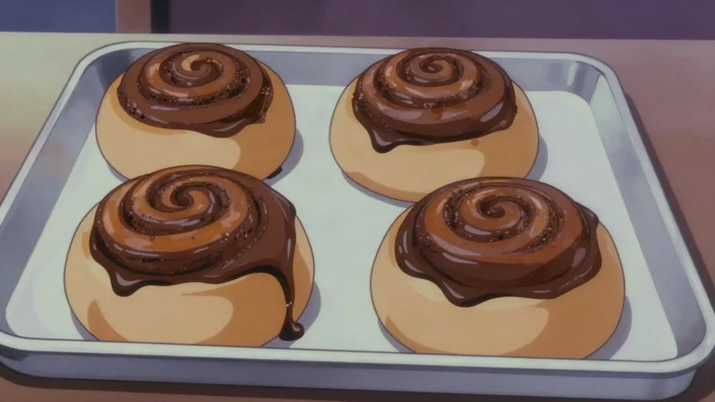 Snúður, cinnamon roll under a thick lid of chocolate or caramel glaze, Iceland bread & pastry, anime style