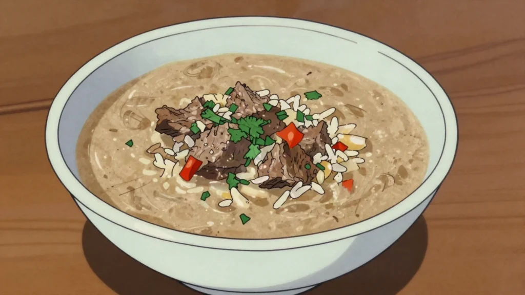So'o josopy, thick soup of pounded beef with rice or noodles and onion, Paraguay soup & stew, anime style