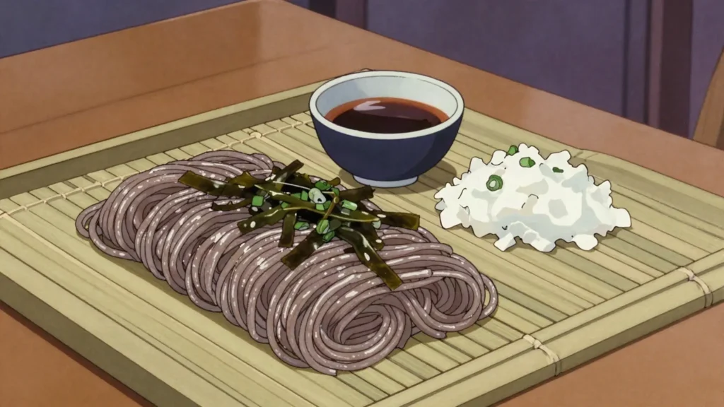 Soba, nutty buckwheat noodles served chilled with tsuyu or in hot broth, Japan main, anime style
