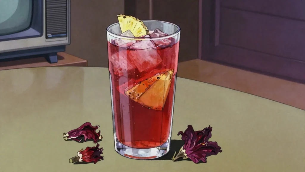 Sobolo, hibiscus drink brewed with ginger and pineapple, Ghana drink, anime style
