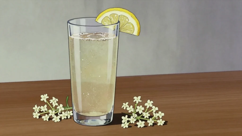 Socată, fizzy elderflower drink fermented for a few days in summer, Romania drink, anime style