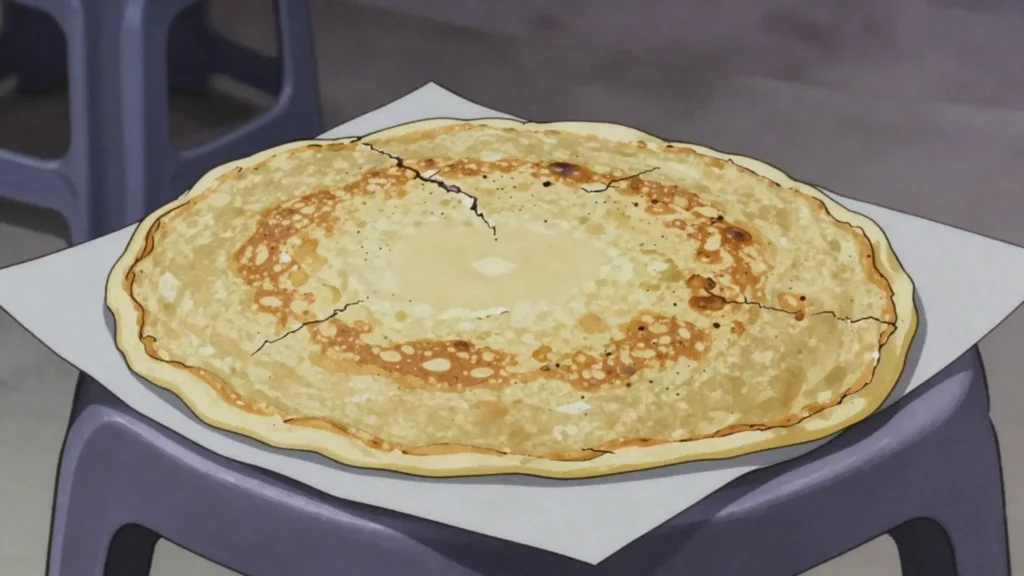 Socca, chickpea flour pancake baked in a copper pan, peppered and torn apart, France street food, anime style
