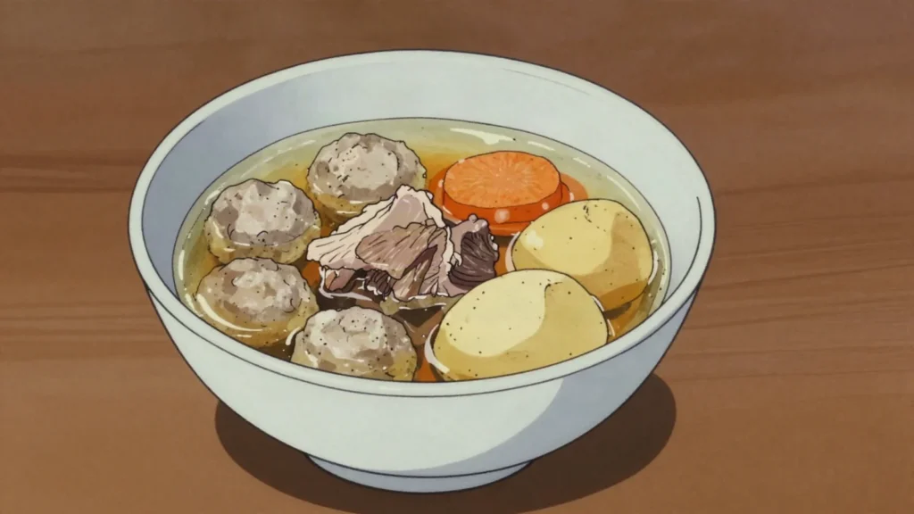 Sodd, clear mutton broth with meatballs, carrot and potato, served at celebrations, Norway soup & stew, anime style