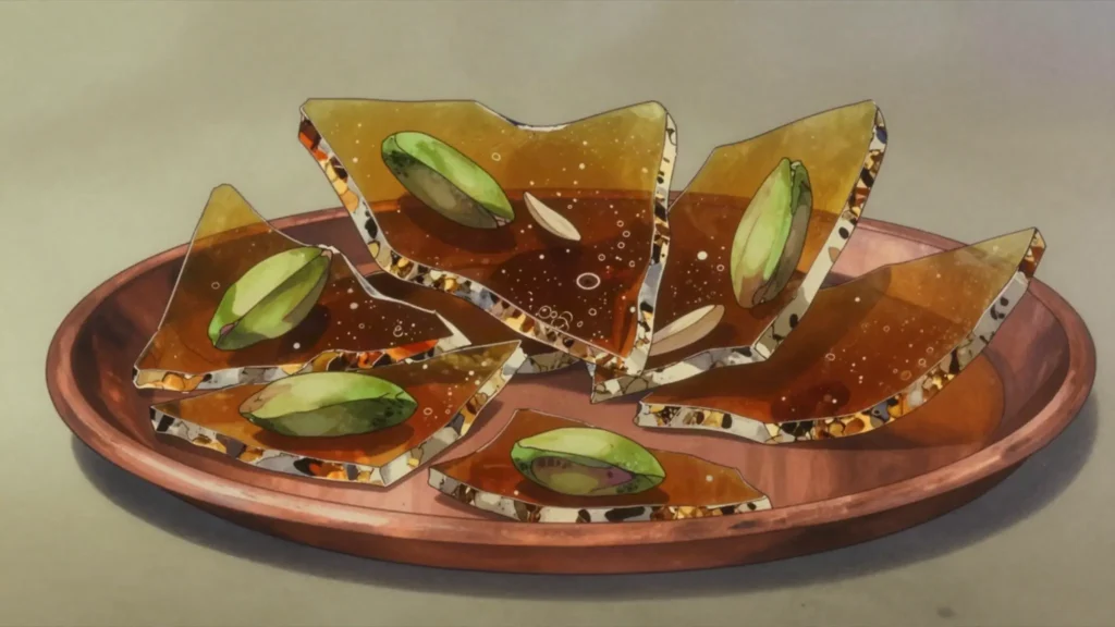 Sohan, saffron and pistachio brittle, snapped in pieces from a copper tray, Iran dessert, anime style