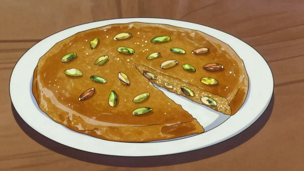 Sohan Halwa, dense disc of reduced wheat sprout, ghee and nuts, cut in wedges, Pakistan dessert, anime style