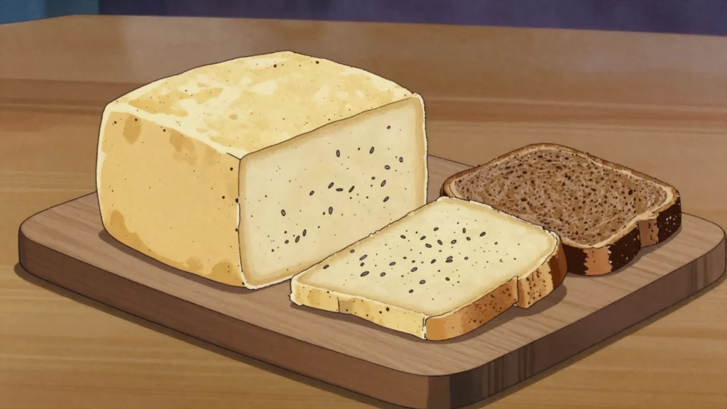 Sõir, fresh curd cheese with caraway, pressed firm and sliced cold, Estonia cheese & dairy, anime style