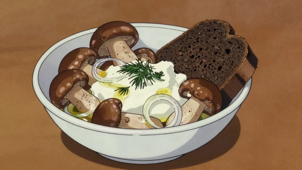 Soleni hryby, forest mushrooms salted in layers with dill and garlic, eaten with, Ukraine fermented & pickled, anime style