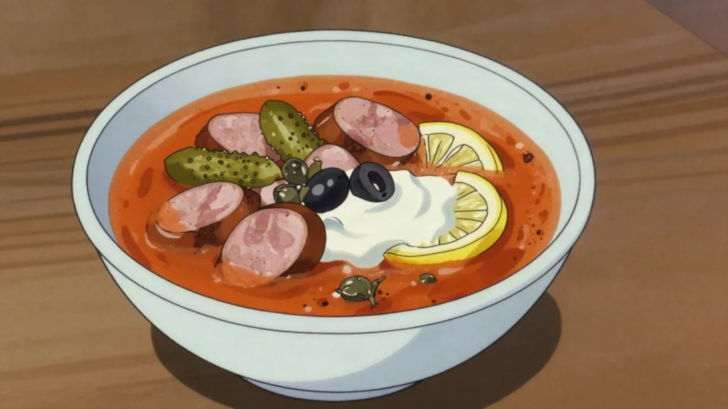 Solyanka, sour-salty soup of meats, pickles, olives, lemon, Russia soup & stew, anime style