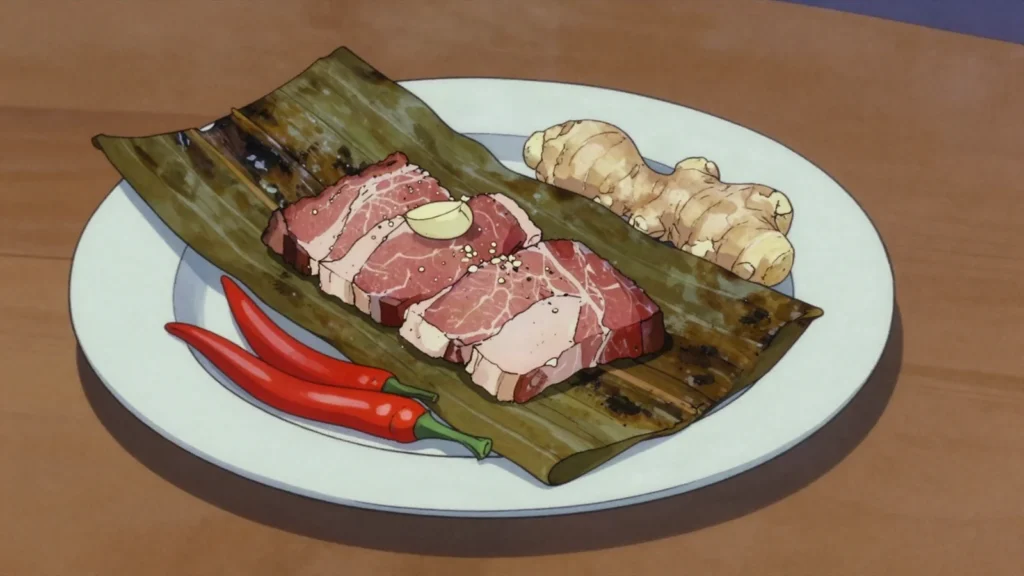 Som Moo, raw pork cured with garlic and rice until sour, wrapped in banana leaf, Laos fermented & pickled, anime style