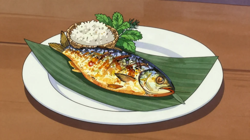 Som Pa, river fish cured with salt, rice and garlic until sour, then grilled or fried, Laos fermented & pickled, anime style