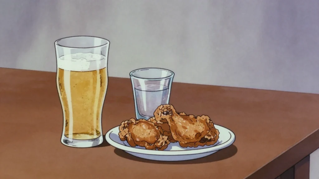 Somaek, soju dropped or poured into beer; the standard office-dinner drink, South Korea cocktail, anime style
