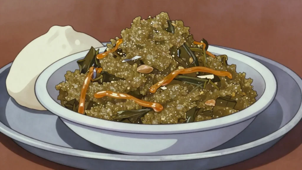 Sombe, pounded cassava leaves cooked long with palm oil, groundnut and smoked fish, DR Congo soup & stew, anime style