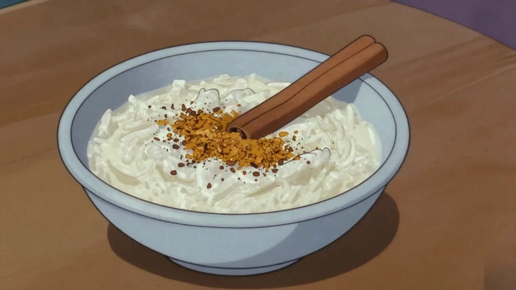 Sombi, rice simmered in sweetened milk, served warm at ceremonies, Mauritania dessert, anime style