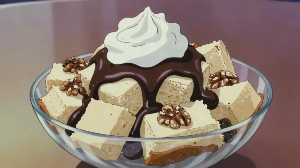 Somlói galuska, rum-soaked sponge with walnuts, chocolate sauce, whipped cream, Hungary dessert, anime style