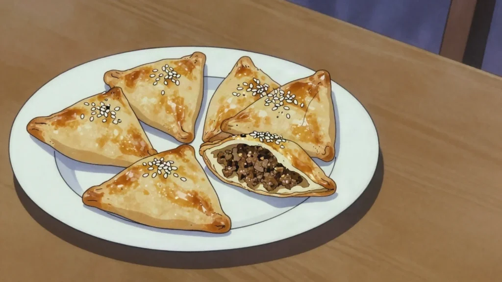 Somsa, triangular pastries of minced mutton and onion baked in a tandyr, Turkmenistan street food, anime style