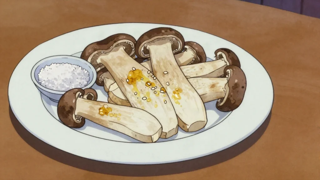 Songi Mushrooms, wild pine mushrooms grilled or sliced raw, prized for their perfume, North Korea main, anime style
