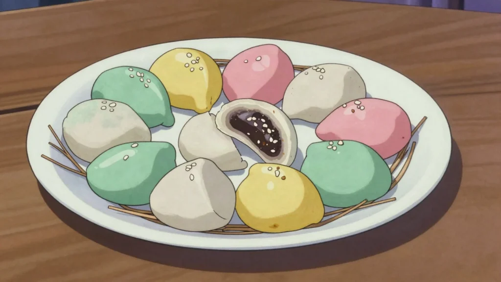 Songpyeon, half-moon rice cakes stuffed with sesame or beans, steamed over pine needles, South Korea dessert, anime style
