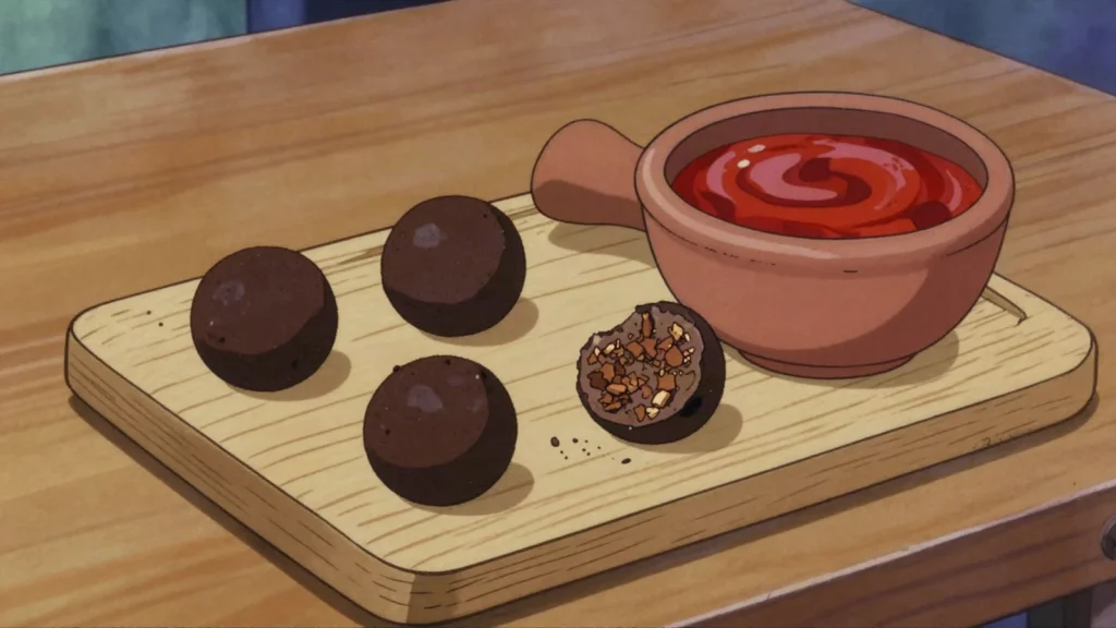 Sonru, fermented seed condiment shaped into balls and crumbled into stews for depth, Benin fermented & pickled, anime style
