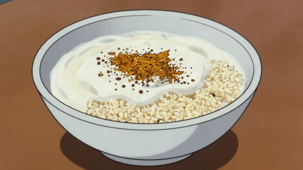 Soow, thick Fulani soured milk, sweetened and poured over millet porridge, Senegal cheese & dairy, anime style