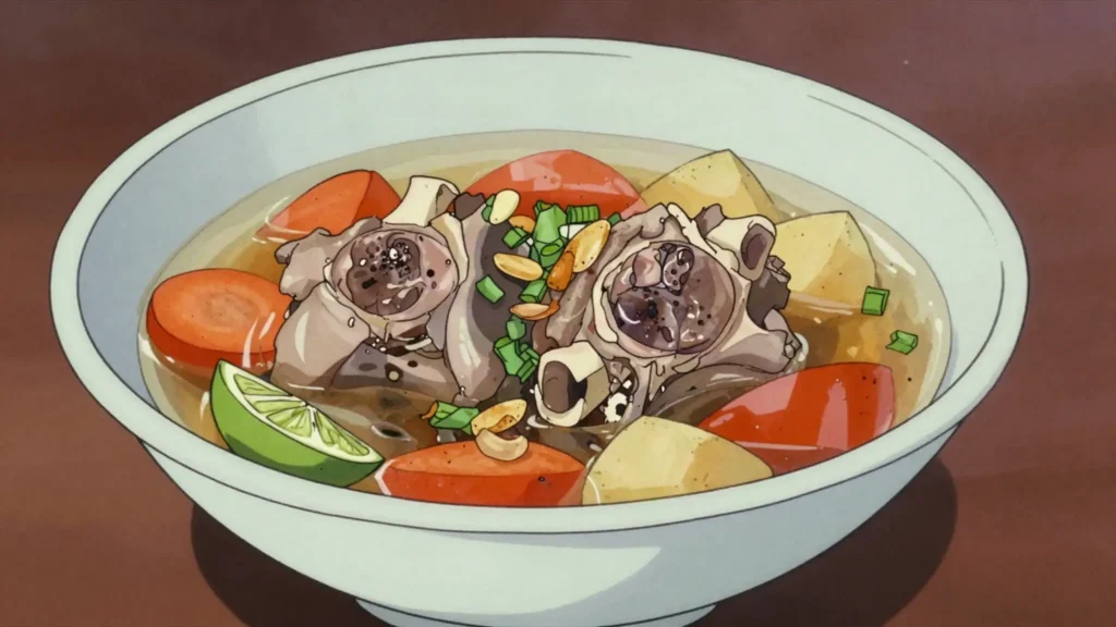 Sop Buntut, clear oxtail soup with vegetables, also fried or grilled, Indonesia soup & stew, anime style
