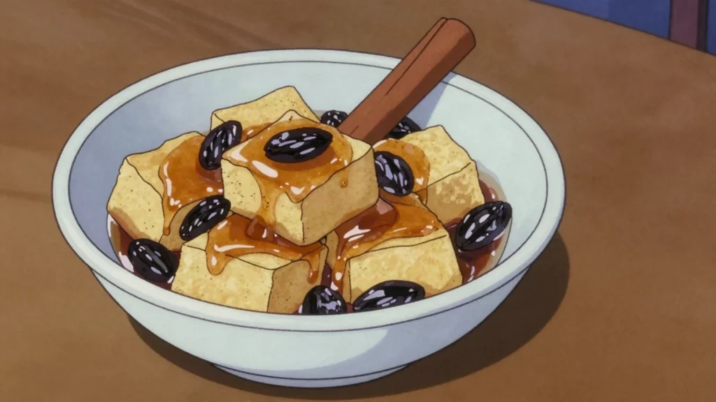 Sopa borracha, sponge cake drenched in rum and sugar syrup with prunes and raisins, Panama dessert, anime style