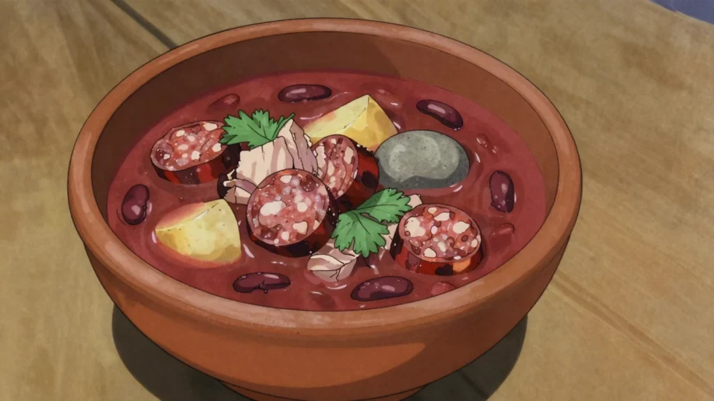 Sopa da pedra, thick pork, bean and vegetable soup claimed by Almeirim, Portugal soup & stew, anime style