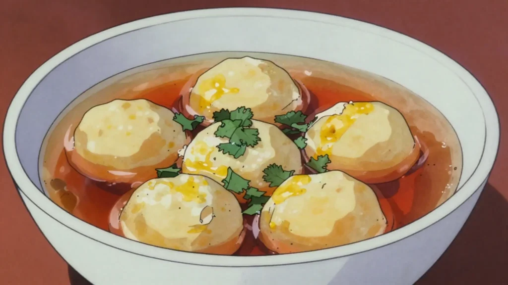 Sopa de capirotadas, broth with dumplings of corn masa, cheese and egg floating in it, Honduras soup & stew, anime style
