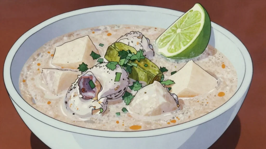 Sopa de caracol, conch simmered in coconut milk with yuca and spices, Honduras soup & stew, anime style