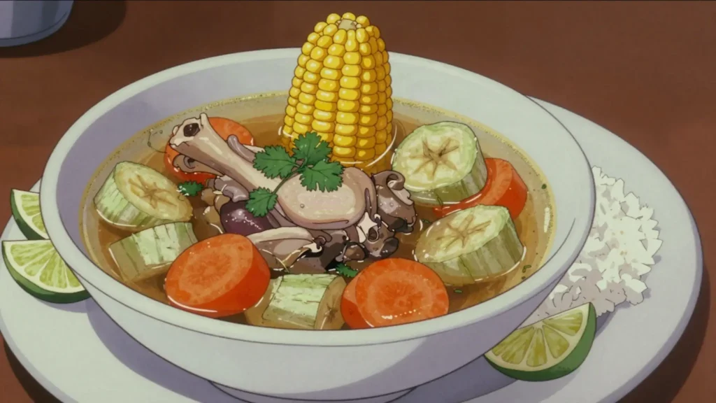 Sopa de gallina india, free-range hen soup with vegetables, served with rice and lime, El Salvador soup & stew, anime style
