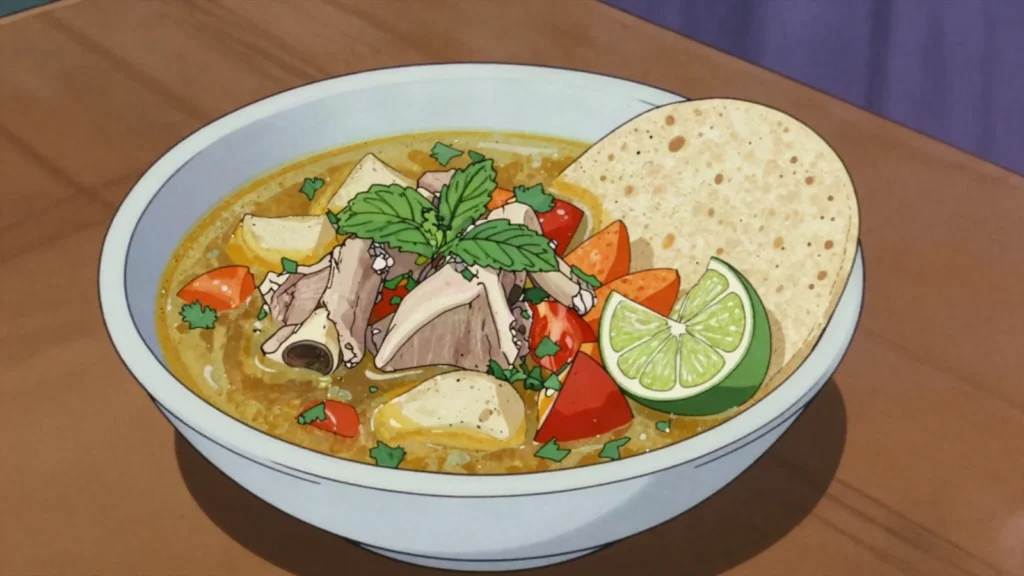 Sopa de garrobo, soup of black spiny-tailed iguana with vegetables and lime, Nicaragua soup & stew, anime style