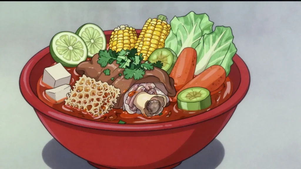 Sopa de pata, cow-foot soup with tripe, yuca, and vegetables, El Salvador soup & stew, anime style