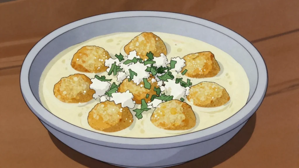 Sopa de queso, milky broth with corn dough dumplings and cuajada cheese, Nicaragua soup & stew, anime style