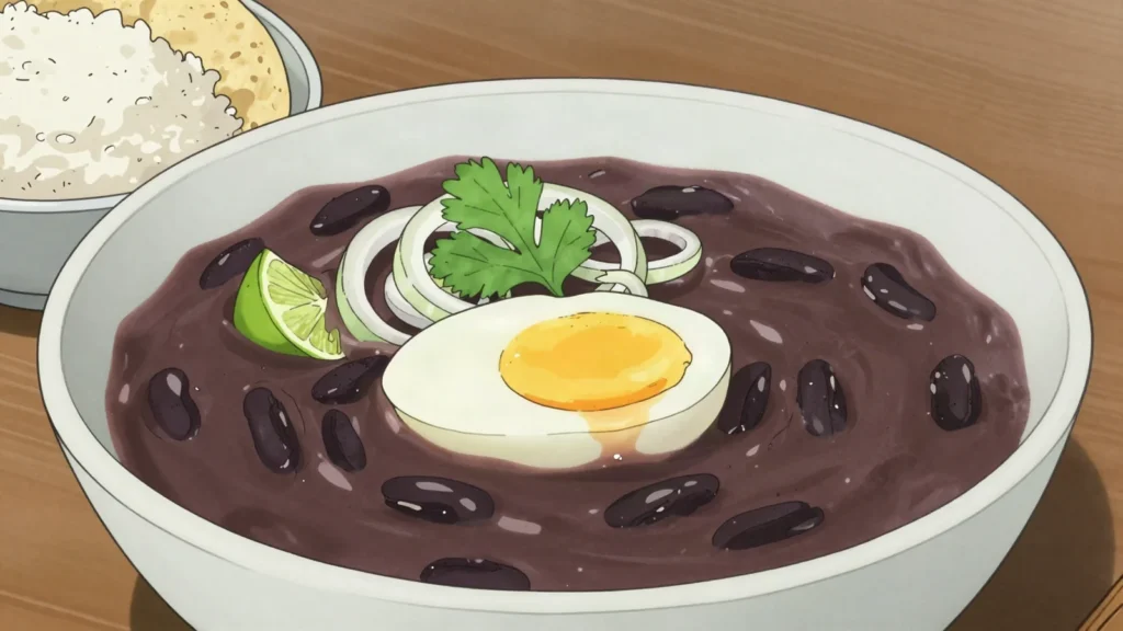 Sopa negra, black bean soup with a soft-poached egg, Costa Rica soup & stew, anime style