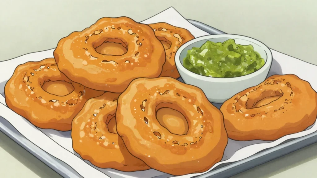Sopaipillas, fried pumpkin-dough rounds with pebre, or chancaca syrup when raining, Chile street food, anime style