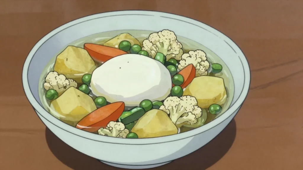 Soppa tal-armla, widow's soup of poor-man's vegetables topped with a fresh ġbejna and egg, Malta soup & stew, anime style