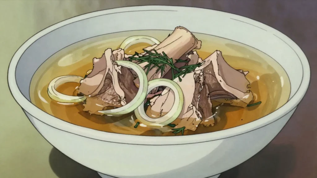 Sorpa, clear rich mutton broth served with meat, Kazakhstan soup & stew, anime style