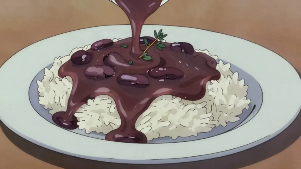 Sos pwa, beans cooked soft and puréed into a thin sauce poured over rice or cornmeal, Haiti soup & stew, anime style